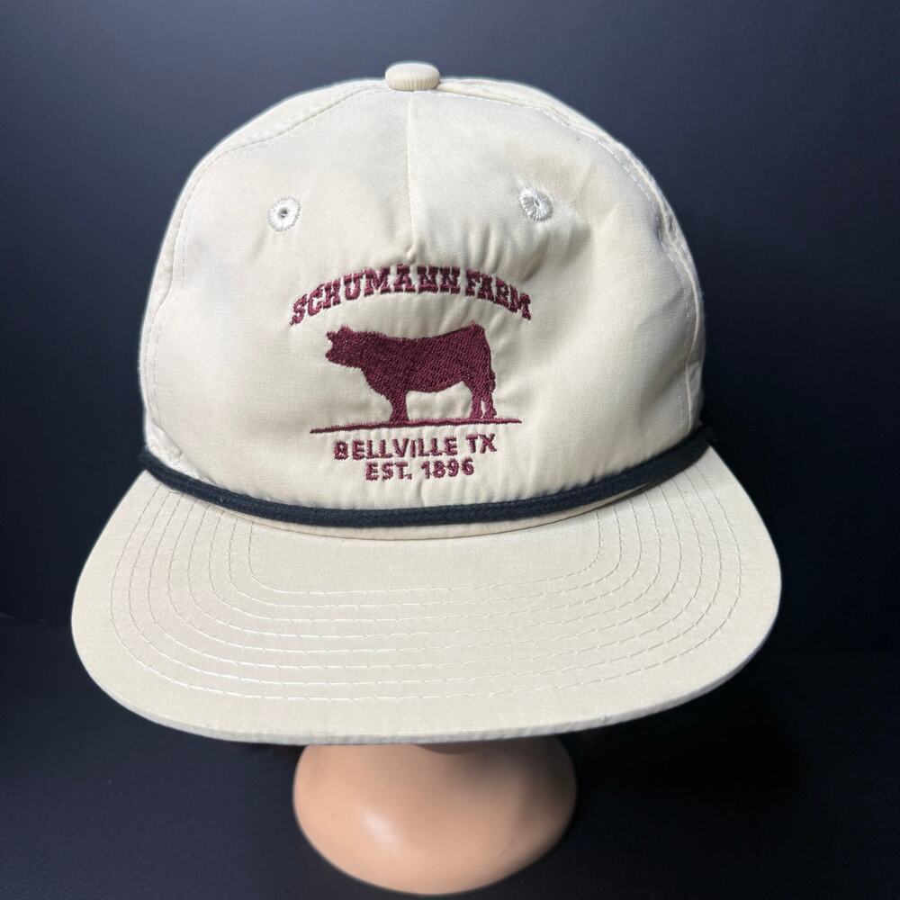 Vintage Schumann Farm Hat Bellville TX Est 1896 Red Bull Decky Rope Cap